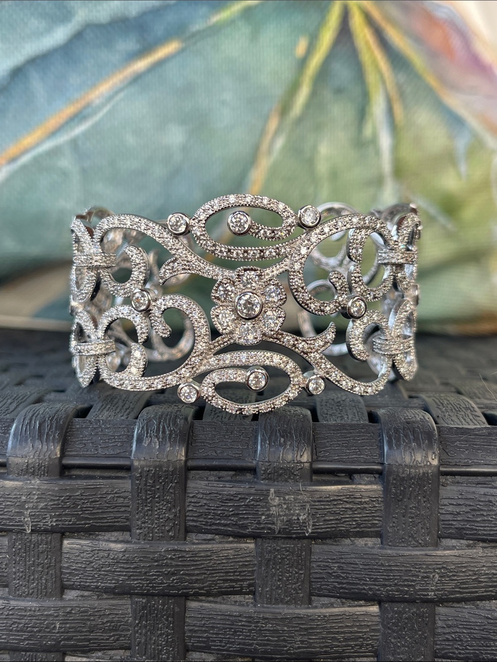 Cubic Zirconia - Silver Scroll Cuff Bracelet
